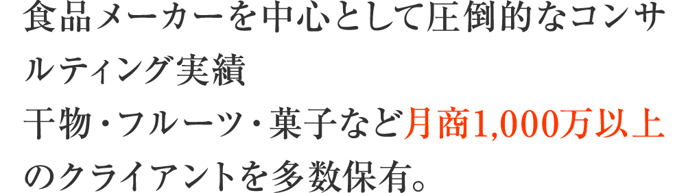 食品メーカーを中心として圧倒的なコンサルティング実績干物・フルーツ・菓子など月商1,000万以上のクライアントを多数保有。