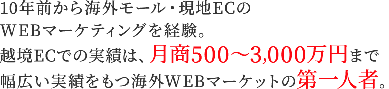 10年前から海外モール・現地ECのWEBマーケティングを経験。越境ECでの実績は、月商500～3,000万円まで幅広い実績をもつ海外WEBマーケットの第一人者。
