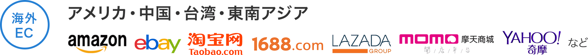 海外EC アメリカ・中国・台湾・東南アジア　Amazon、ebay、Taobao、1688.com、LAZADA、摩天商城、YAHOO奇摩　など